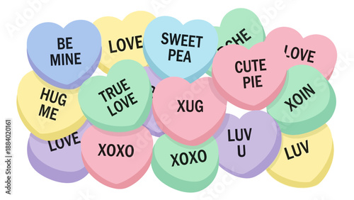 Colorful Conversation Heart Candies for Valentine's Day.