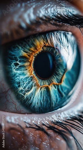 Close-Up View of a Human Eye Capturing Intricate Details of Iris, Pupil, and Eyelashes with Vibrant Colors and Textures