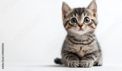 Adorable Gray Tabby Kitten with Big Eyes and Playful Expression on White Background