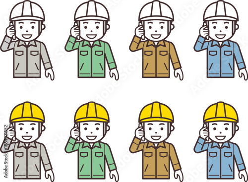 スマホで電話するヘルメットと作業服を着用した男性のアイコン