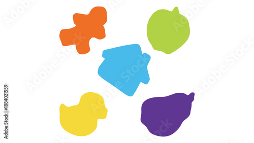 A colorful arrangement of puzzle pieces on a white background