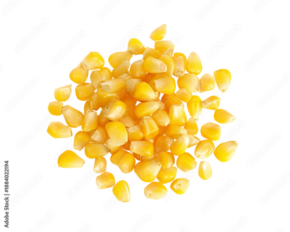 Fototapeta premium Vibrant Yellow Corn Kernels Pile on White Background: An Overhead Studio Shot of Fresh Maize Seeds, Ideal for Food, Agriculture, and Healthy Eating Concepts.