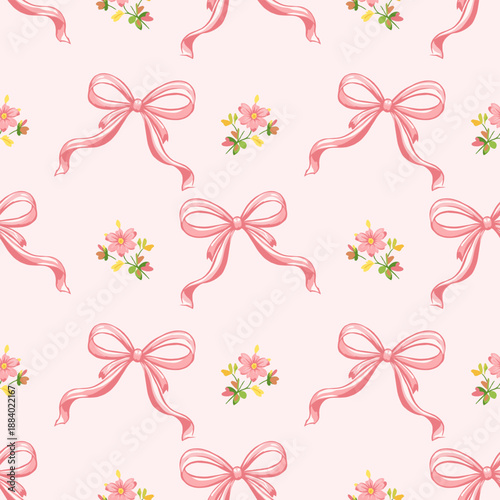 Seamless pink bow pattern with cute ribbon bows and small floral elements on pastel background for gift wrap, fabric, wallpaper and surface design.