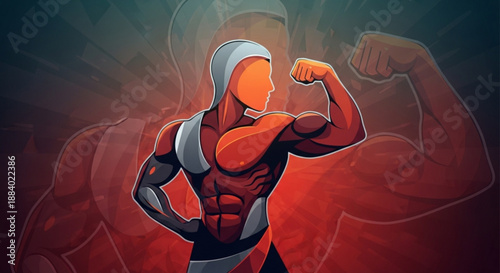 Muscular man flexing biceps with grey hood and red body strong flexed arm muscles in a dark background with a glowing effect