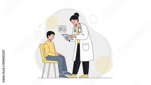 Doctor consulting with a young patient in a modern clinic, illustration