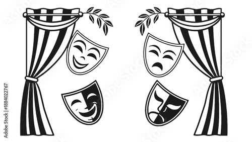 An illustration of comedy and tragedy masks with stage curtains