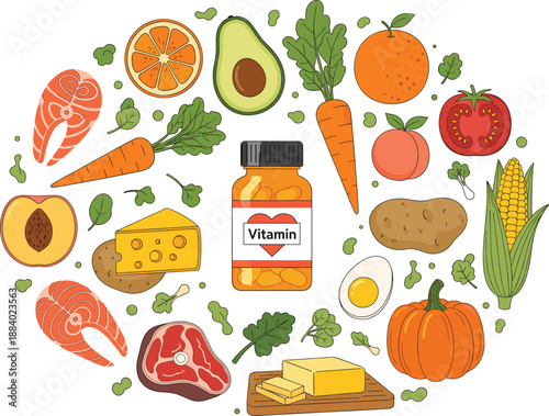 Healthy nutrition food vector set with vitamins fruits vegetables meat fish dairy and balanced diet elements