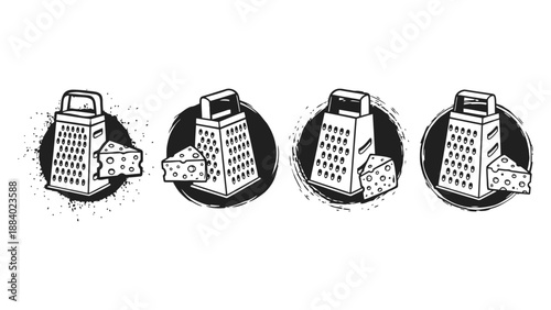A set of black and white illustrations of cheese graters and cheese