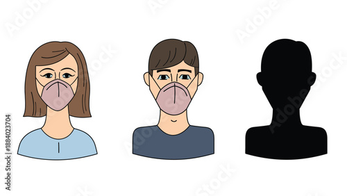 Two people wearing face masks next to a black silhouette