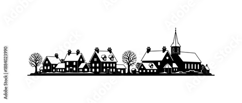 Village Silhouette with Church and Houses