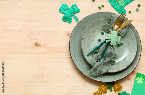 Wallpaper Mural Table setting for St. Patrick's Day celebration with coins, hat and clovers on wooden background Torontodigital.ca