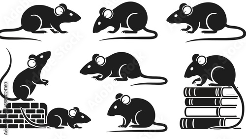 A group of black and white mice illustrations in various poses