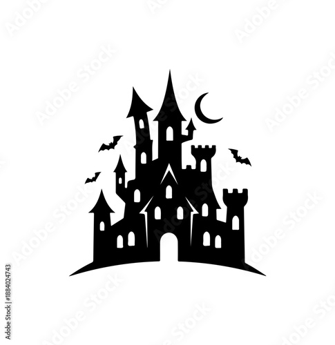 Haunted Castle with Bats and Moon