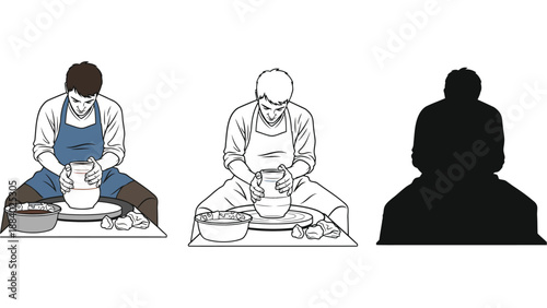 An illustration of a person working on a pottery wheel in different styles