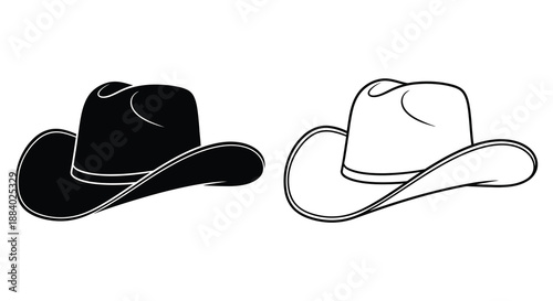Two cowboy hats in contrasting designs one solid and one outlined silhouette