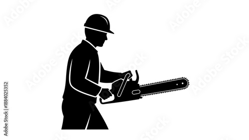 Silhouette of a man using a chainsaw.