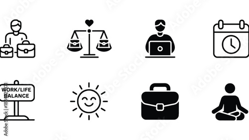 A collection of black and white icons representing work-life balance concepts