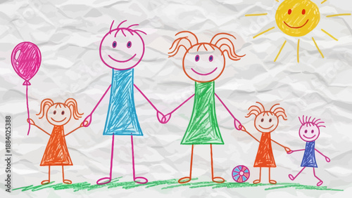 Happy stick figure family drawing with sun and balloon, representing childhood and togetherness