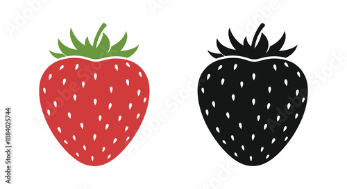 Two strawberries displayed one colored and one in stark black silhouette