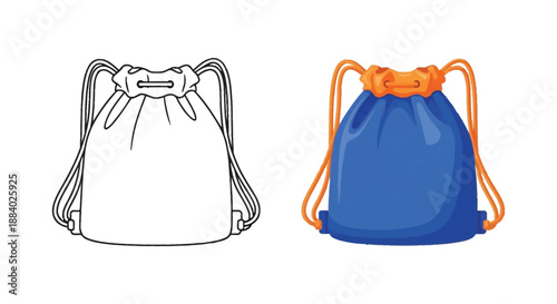 Drawstring backpack design in two styles a sketch and a colored version silhouette