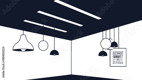 A modern room with various lighting fixtures hanging from the ceiling