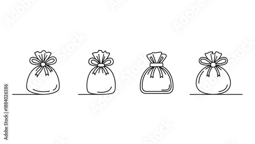 A collection of four stylized continuous line art icons depicting various gift sacks or fabric pouches cinched at the top with decorative bows perfect for celebration concepts.