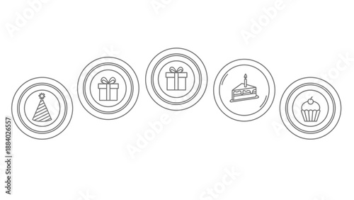 Collection of black line art icons representing essential birthday party elements including gifts hats cake and festive decorations