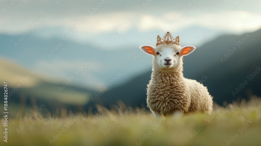 Obraz premium A sheep with a decorative crown standing regally in an open, green field.