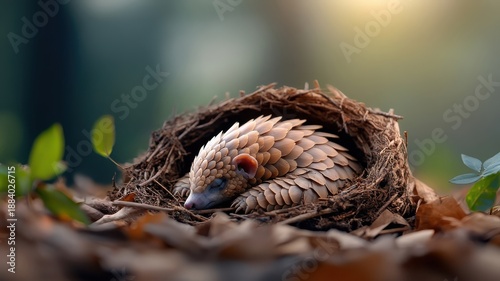 A pangolin napping peacefully in a cozy burrow made of twigs and leaves.