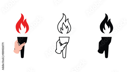 A hand holding a torch with a flame in different colors and styles