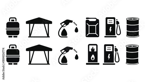 A collection of black and white icons depicting various fuel and gas station symbols