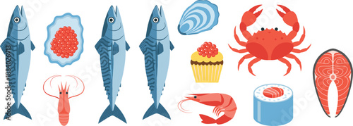 Seafood vector set with fish crab shrimp caviar sushi oysters and marine food illustrations isolated