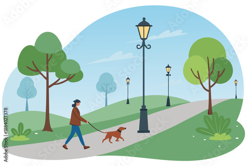 Dog Walk Neighborhood Park Illust