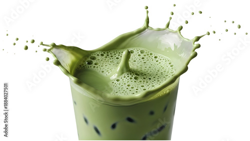 Matcha green tea latte splash with frothy foam and boba pearls, dynamic liquid movement on transparent background for beverage design
