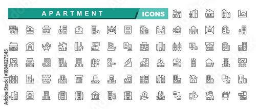 Apartment and Building Line Editable Icons set. Editable stroke. Vector illustration. Featuring real estate, skyscraper, construction, house, mortgage and more.