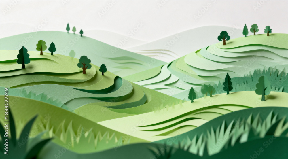 Fototapeta premium Paper Art Landscape with Rolling Hills and Trees