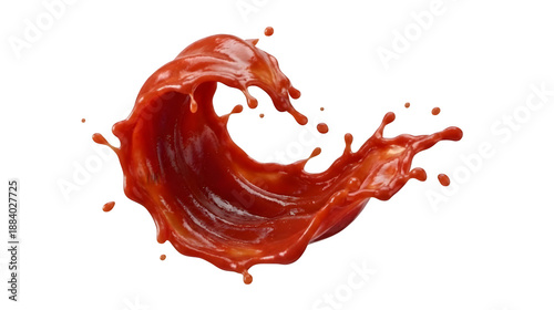 Tomato sauce splash in a dynamic wave shape with realistic droplets on a transparent background