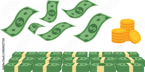 Money cash vector illustration with flying dollar bills stacked banknotes and gold coins financial concept isolated