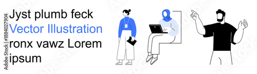 Diversity, teamwork, collaboration, remote work, education, workplace. Three characters engaging in varied activities, such as using a laptop and presenting. Diversity and teamwork concept