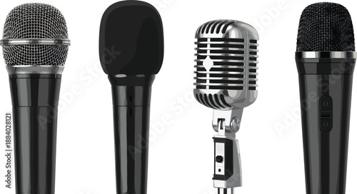 Microphone vector set with modern and vintage vocal mics for music recording podcast broadcasting isolated illustration