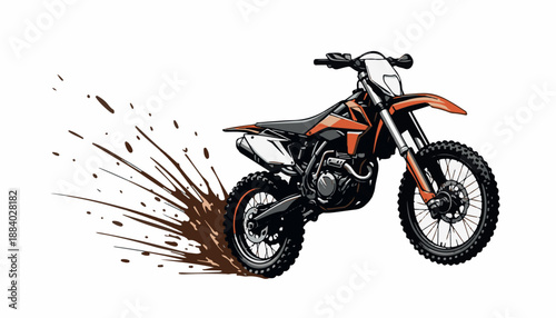 Aggressive vector illustration of a dirt bike rider performing a jump, kicking up a stylized black and orange splash of dirt.