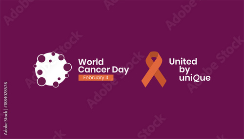 World Cancer Day 2026 awareness banner with cancer ribbon, abstract cell symbol and “United by Unique” message. Ideal for health campaigns, NGOs, education, websites and social media. vector illustrat