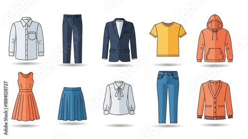 Collection of various clothing items displayed on a white background.