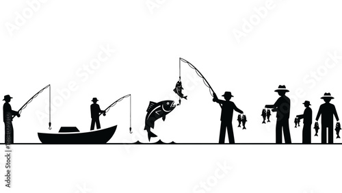 A group of people fishing together in a serene outdoor setting