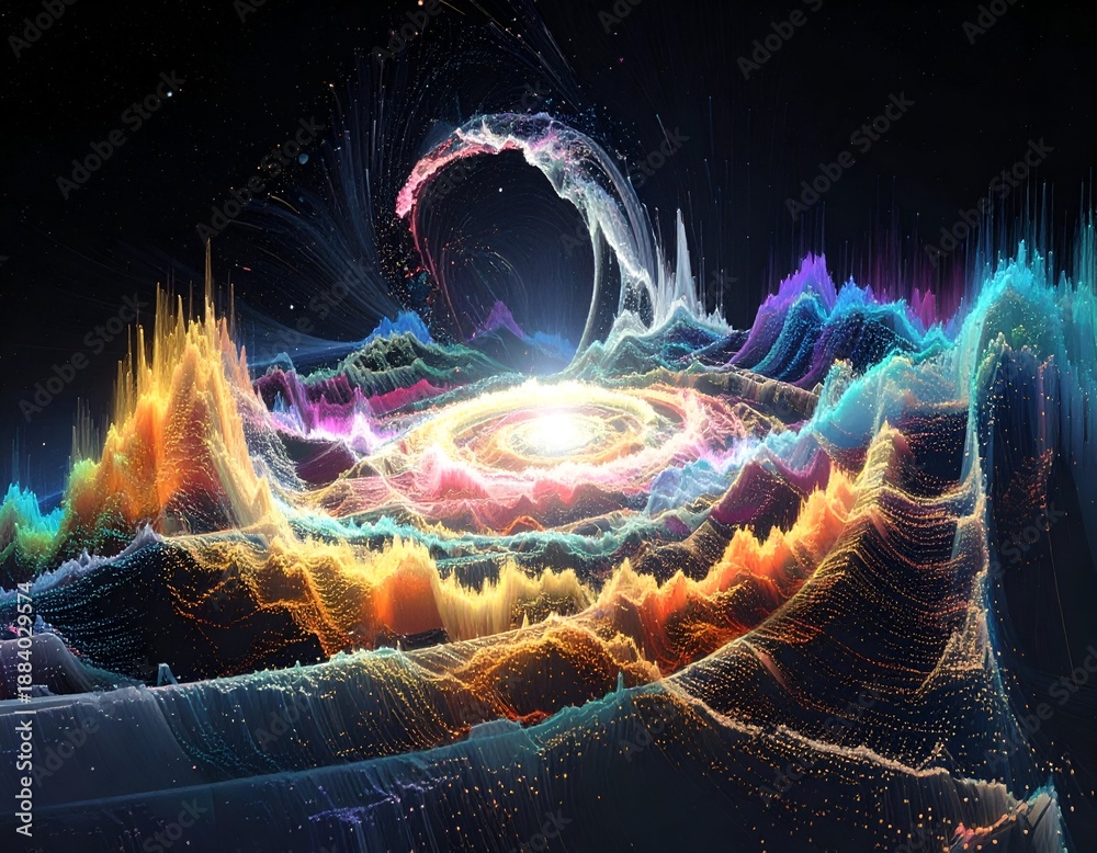 Fototapeta premium Abstract art of colorful glowing wave-like structures with a central light