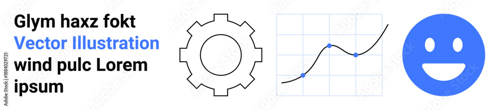 Fototapeta premium Business analytics, technology, data visualization, innovation, process optimization, user experience. Gear icon, a line graph with data points and a blue happy face. Business analytics