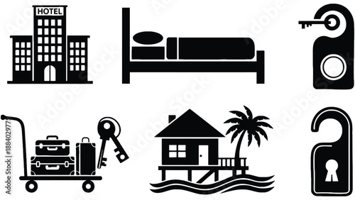 A collection of black and white icons representing travel and accommodation