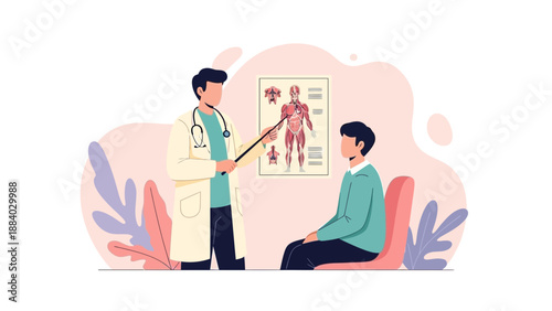 Doctor explaining anatomy to patient with medical chart in clinic