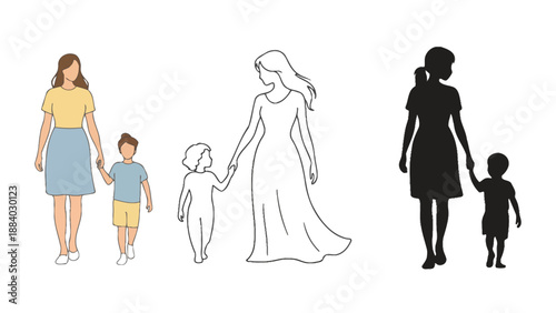 A diverse illustration of mothers and children in various styles and colors