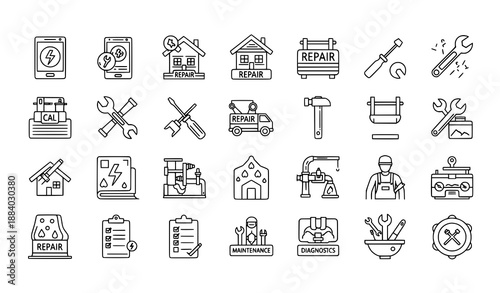 Repair line icon set of 26 outline icons with editable stroke